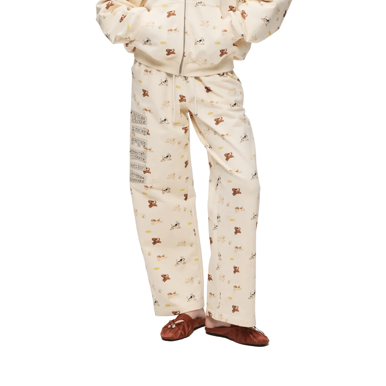 Alexia Sandra Embroidered Frisbee Puppy Track Pants In Beige | MADAX