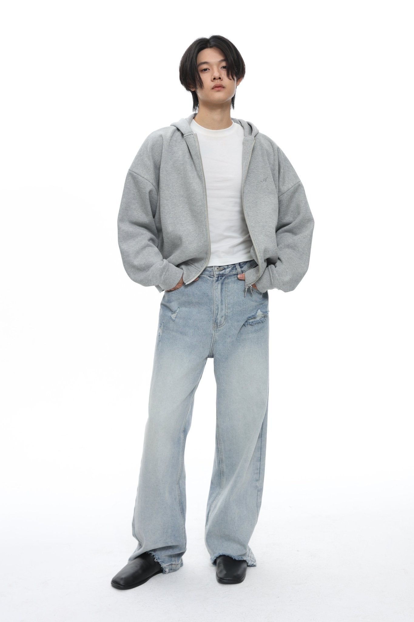 Embroidered Logo Short Wide Zip Fleece Hoodie In Gray | MADAX