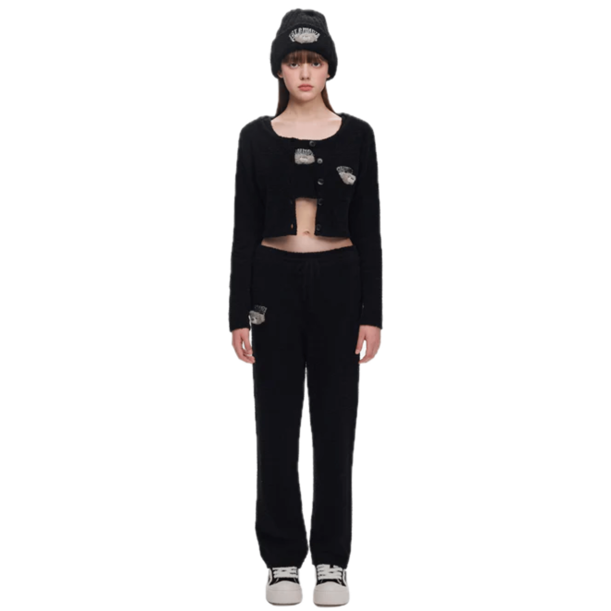 13DE MARZO Embroidered Plush Knit Cardigan in Black | MADAX