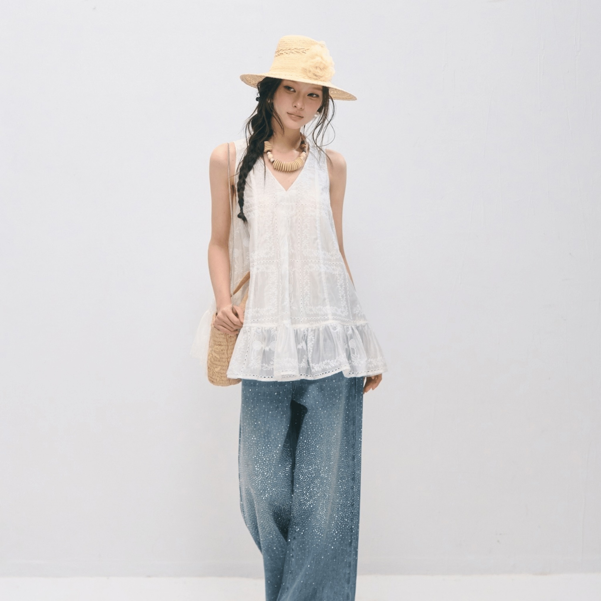 SOMESOWE Embroidered Ruffled Vest Dress in White | MADAX