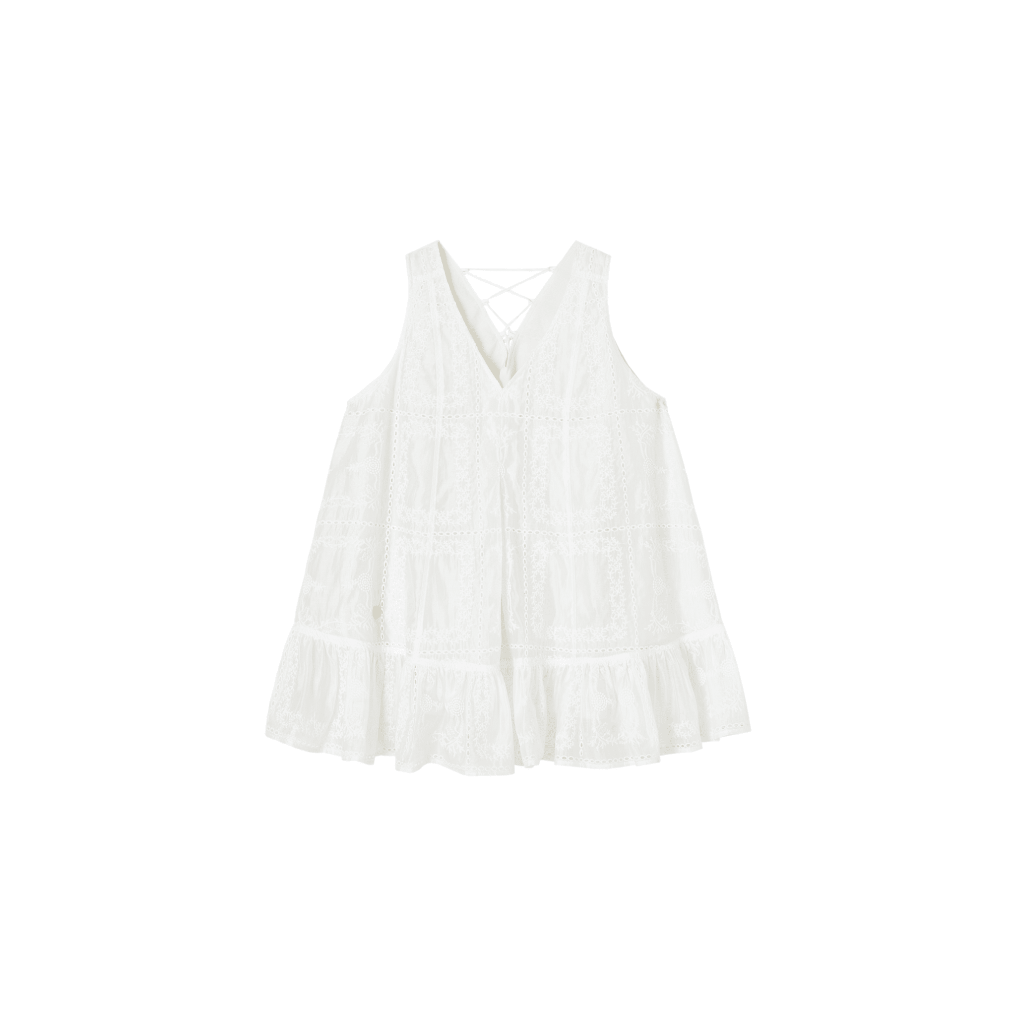 SOMESOWE Embroidered Ruffled Vest Dress in White | MADAX