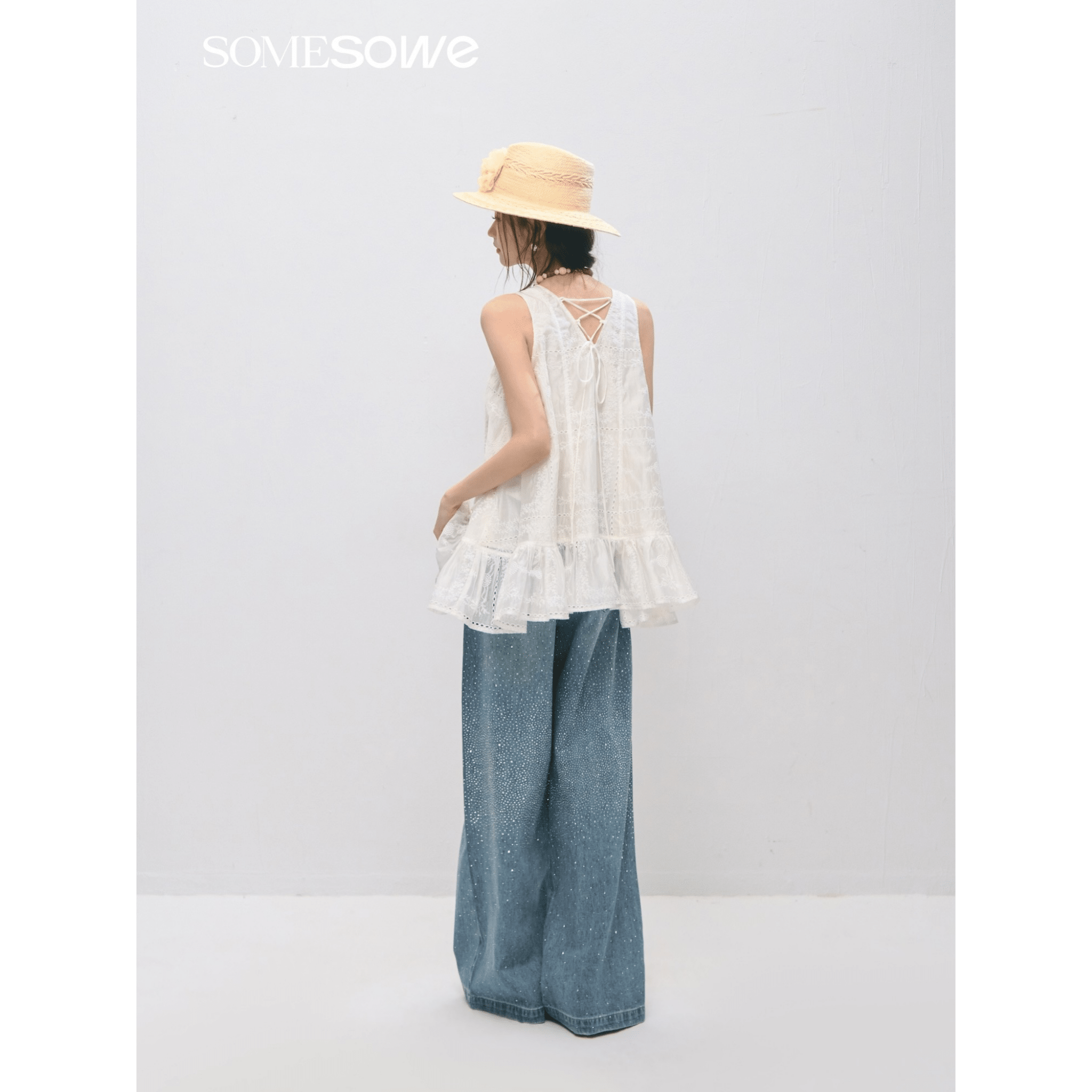 SOMESOWE Embroidered Ruffled Vest Dress in White | MADAX