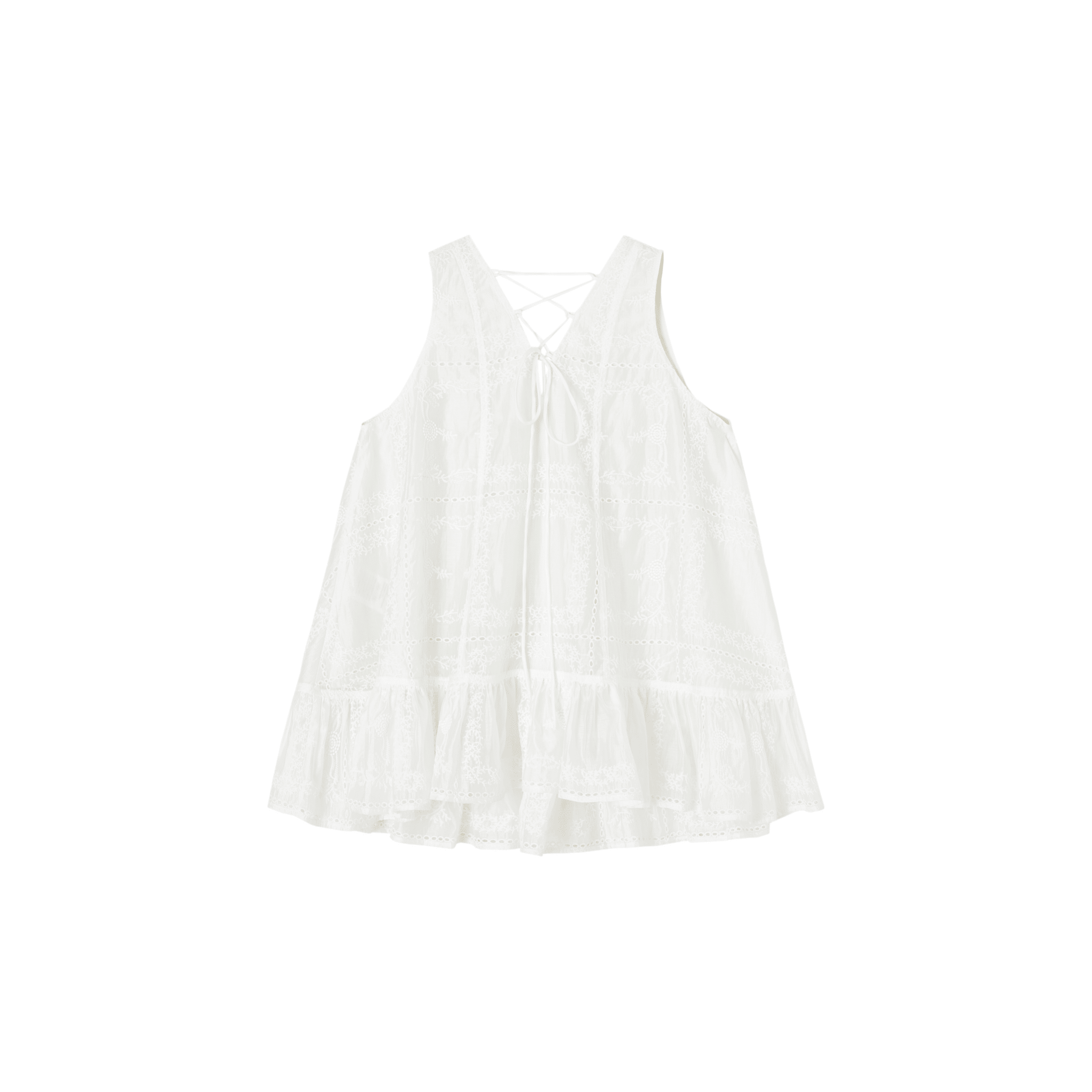 SOMESOWE Embroidered Ruffled Vest Dress in White | MADAX