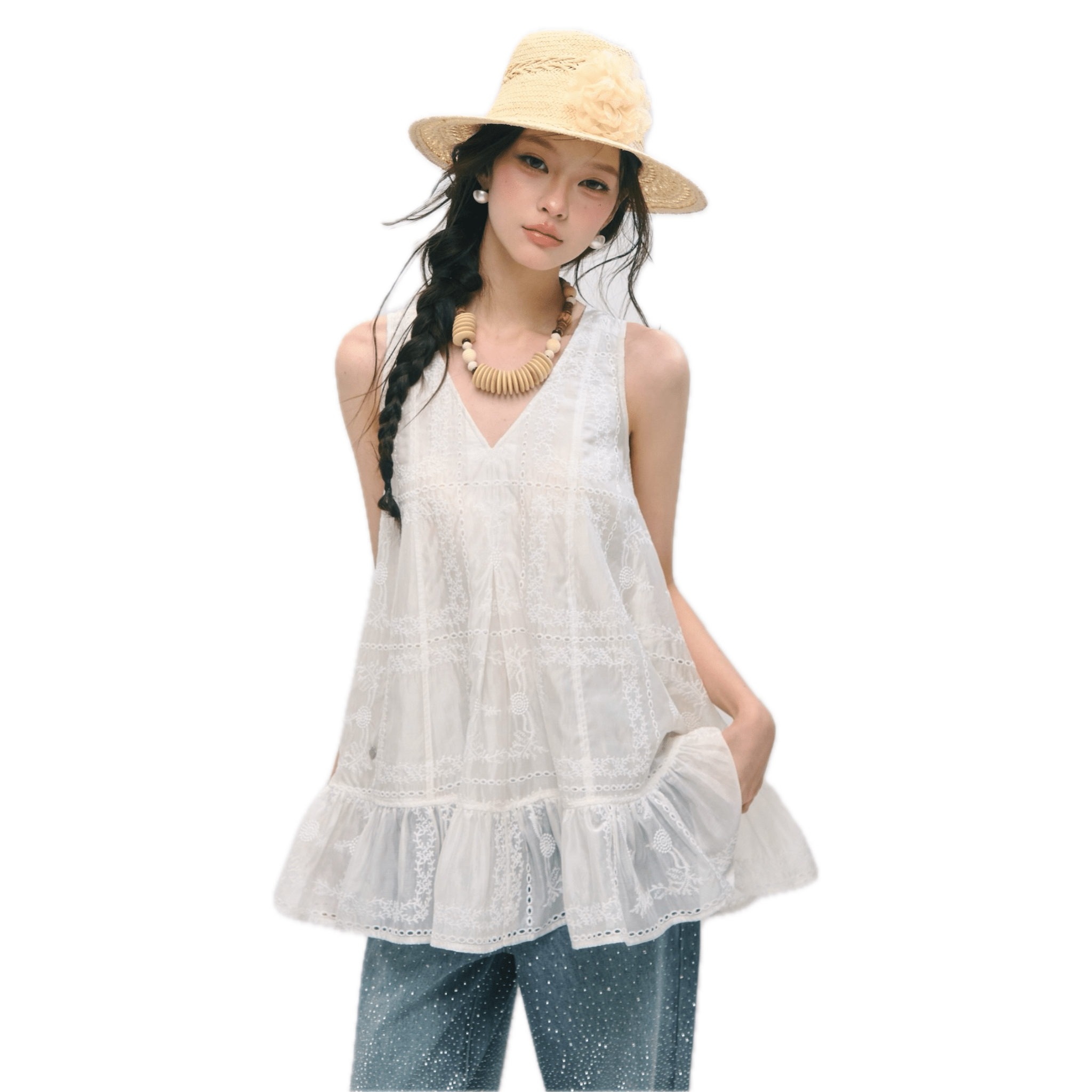 SOMESOWE Embroidered Ruffled Vest Dress in White | MADAX