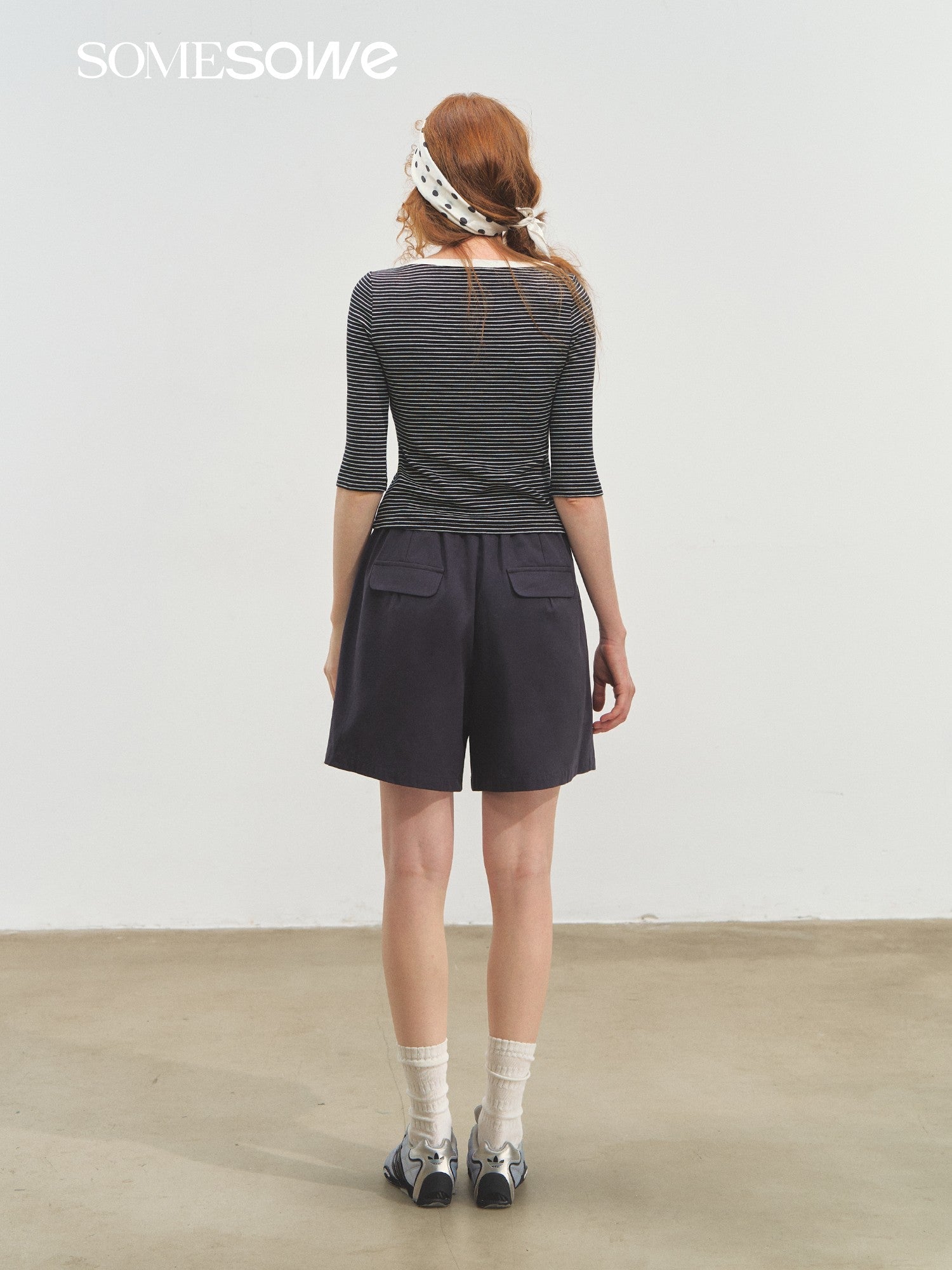 SOMESOWE Envelope Collar Mid - Sleeve Striped T-Shirt In Black And White | MADAX