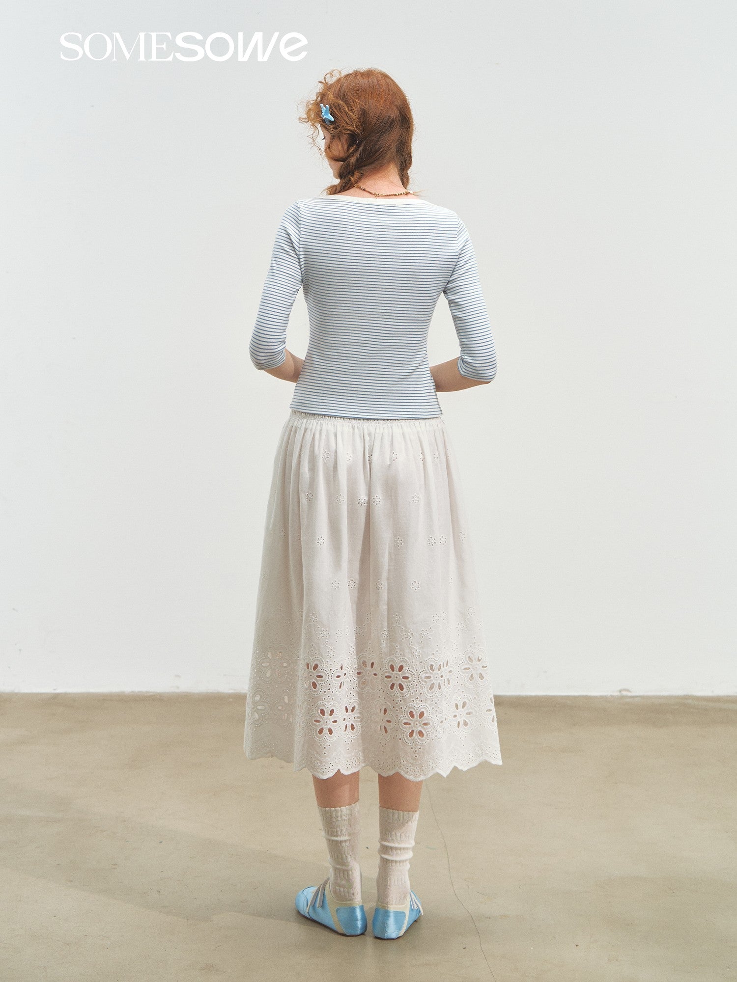 SOMESOWE Envelope Collar Mid - Sleeve Striped T-Shirt In Blue And White | MADAX