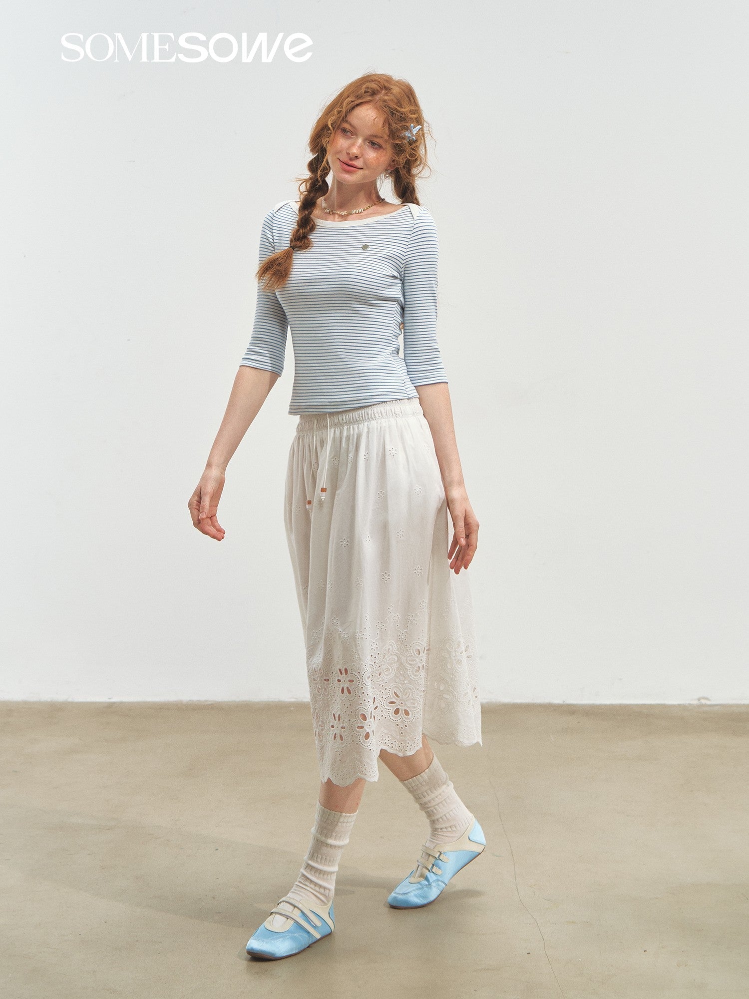 SOMESOWE Envelope Collar Mid - Sleeve Striped T-Shirt In Blue And White | MADAX