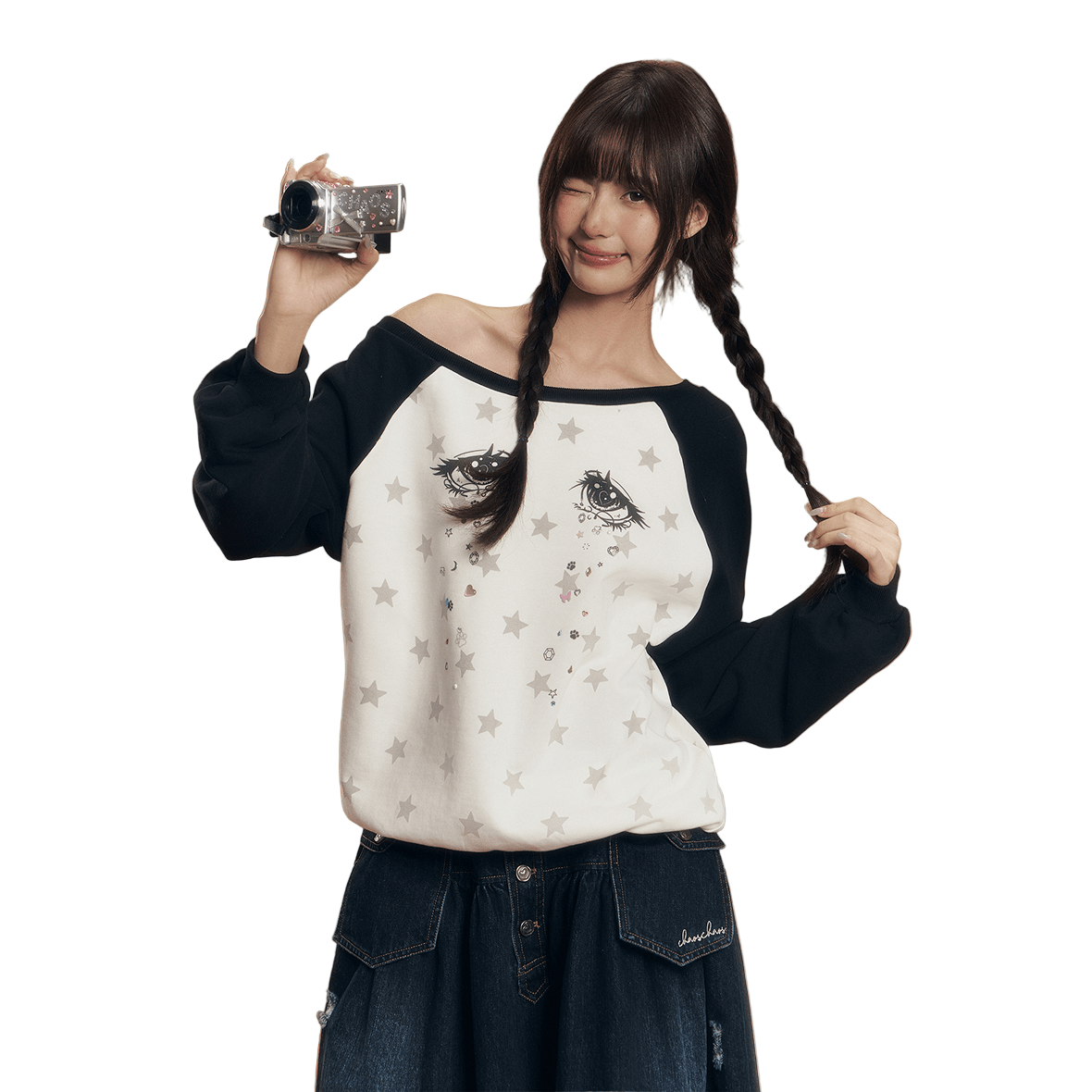 CHAOSCHAOS Eye Print Off - shoulder Colorblock Sweatshirt In Black And White | MADAX