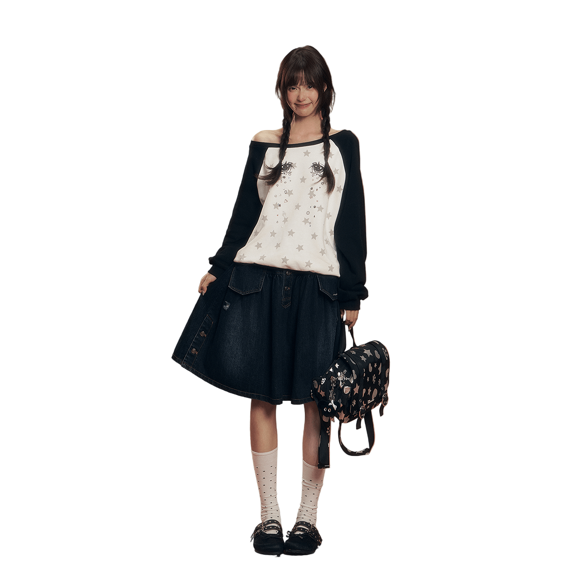 CHAOSCHAOS Eye Print Off - shoulder Colorblock Sweatshirt In Black And White | MADAX