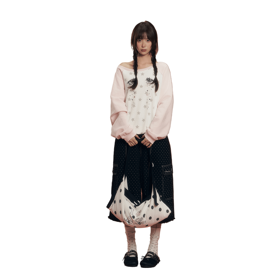 CHAOSCHAOS Eye Print Off - shoulder Colorblock Sweatshirt In Pink And White | MADAX