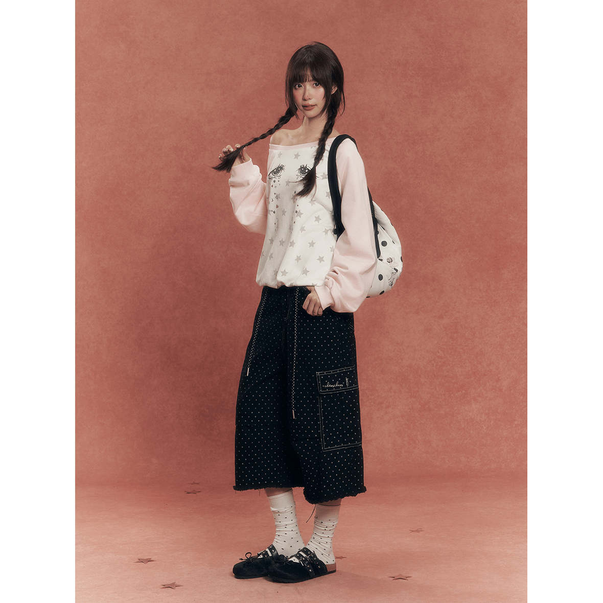 CHAOSCHAOS Eye Print Off - shoulder Colorblock Sweatshirt In Pink And White | MADAX