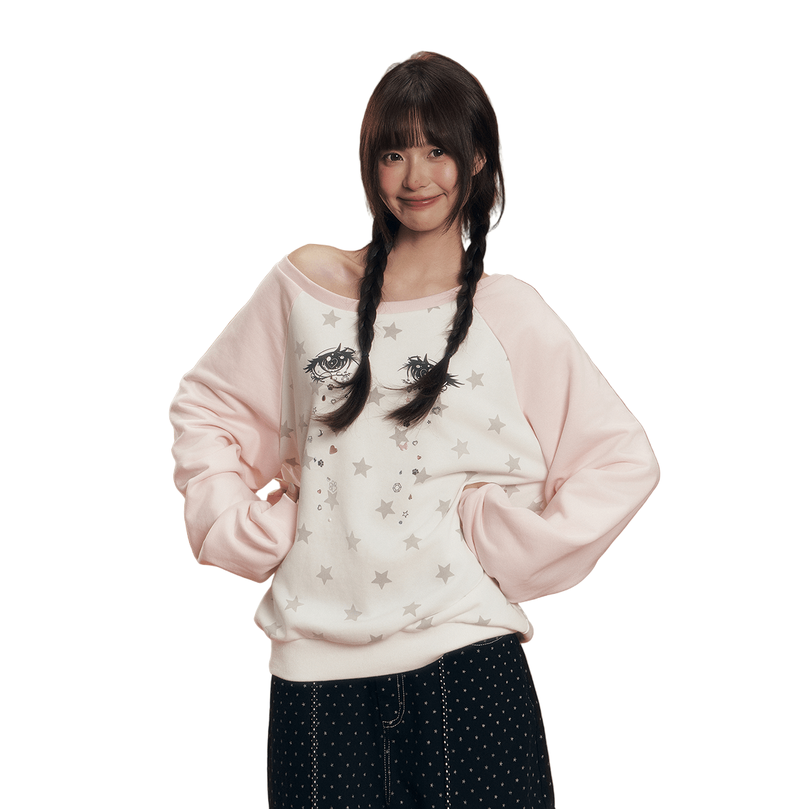 CHAOSCHAOS Eye Print Off - shoulder Colorblock Sweatshirt In Pink And White | MADAX