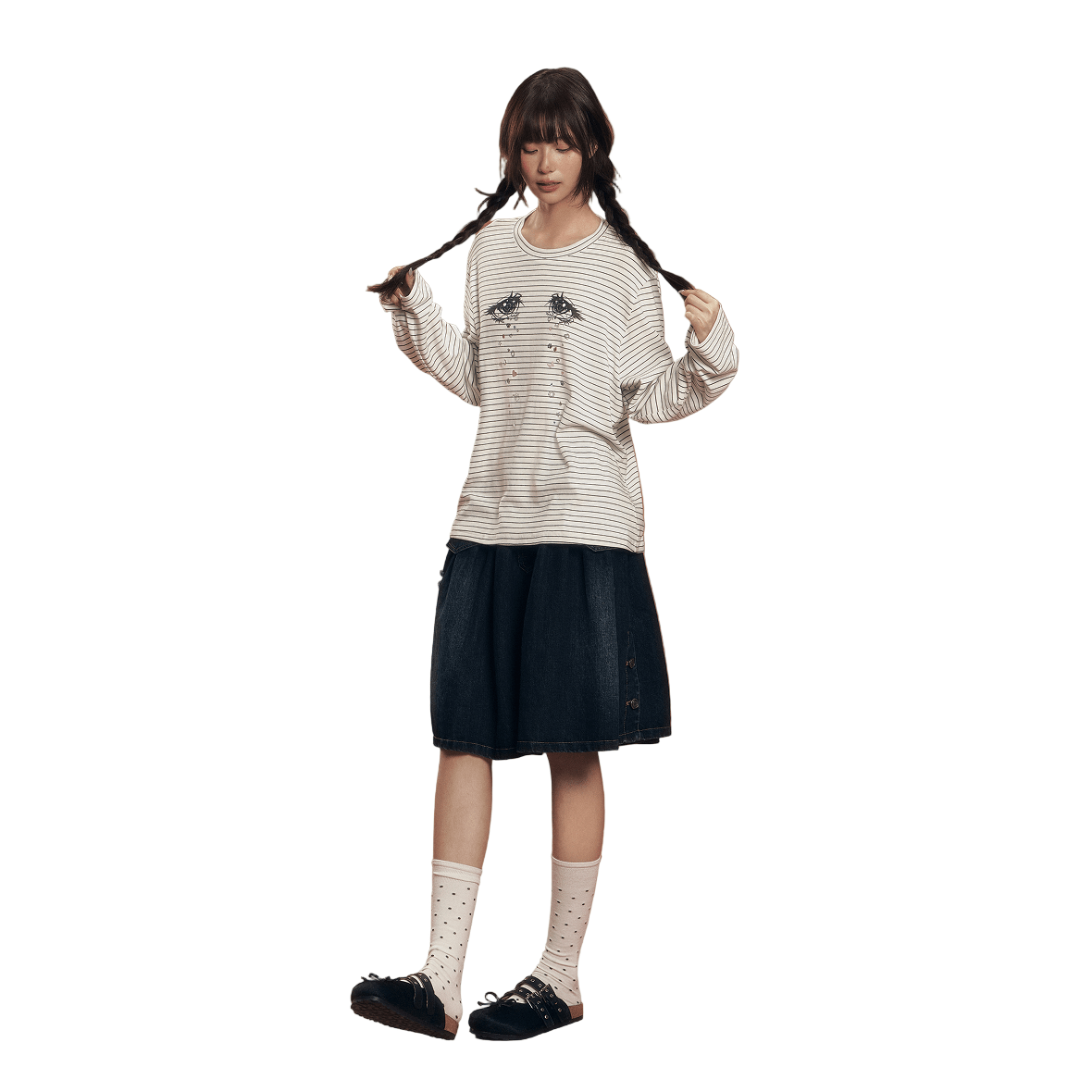 CHAOSCHAOS Eye Print Striped Long - sleeved T-shirt In Black And White | MADAX