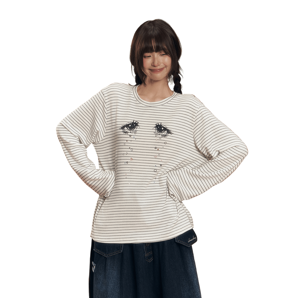 CHAOSCHAOS Eye Print Striped Long - sleeved T-shirt In Black And White | MADAX