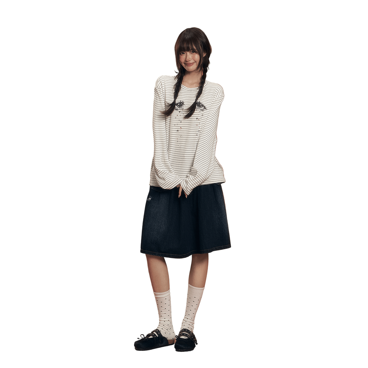 CHAOSCHAOS Eye Print Striped Long - sleeved T-shirt In Black And White | MADAX