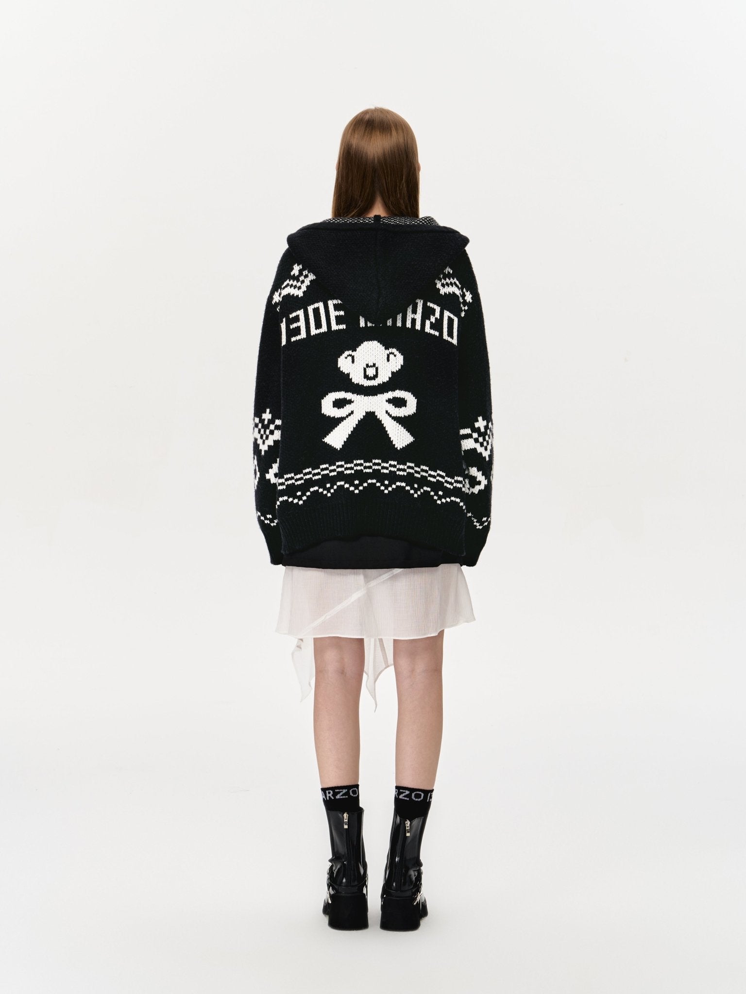 13DE MARZO Fair Isle Bear Zip Knit Hoodie In Black | MADAX