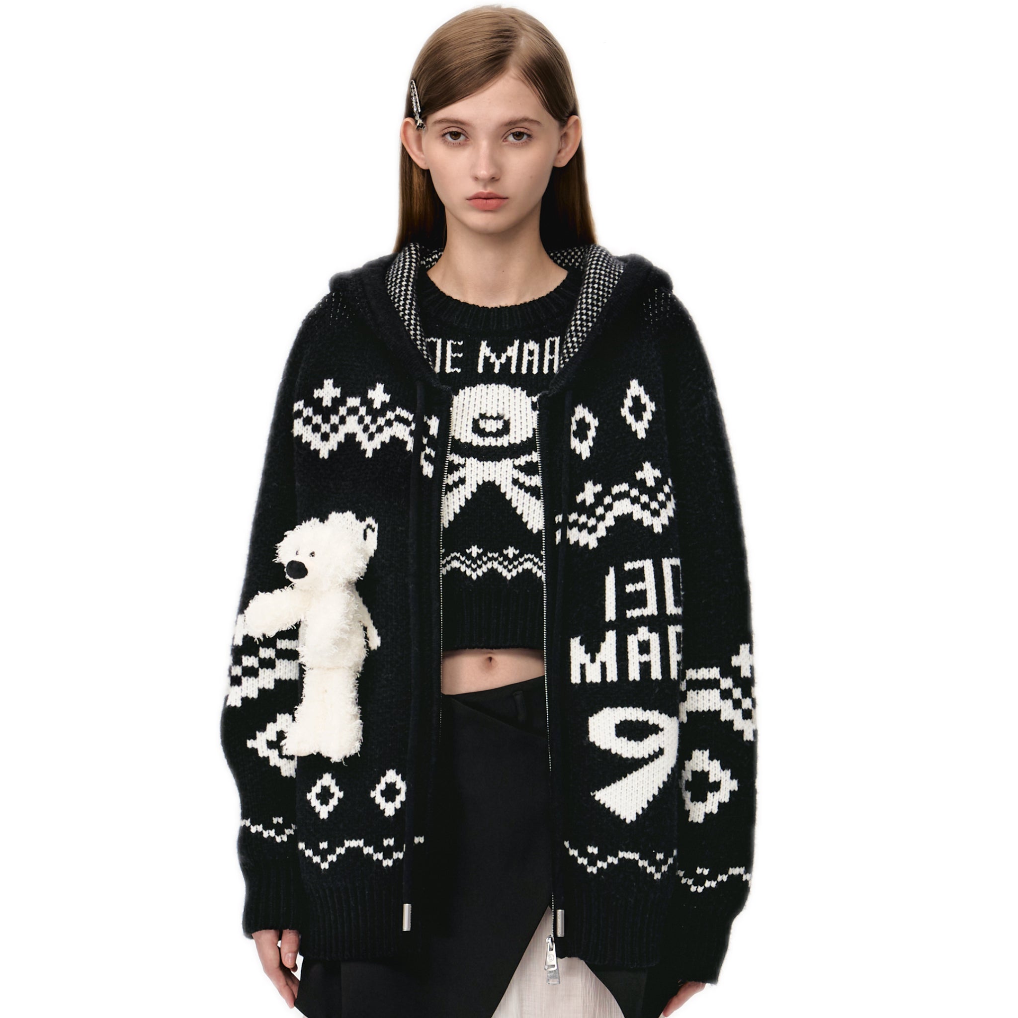 13DE MARZO Fair Isle Bear Zip Knit Hoodie In Black | MADAX