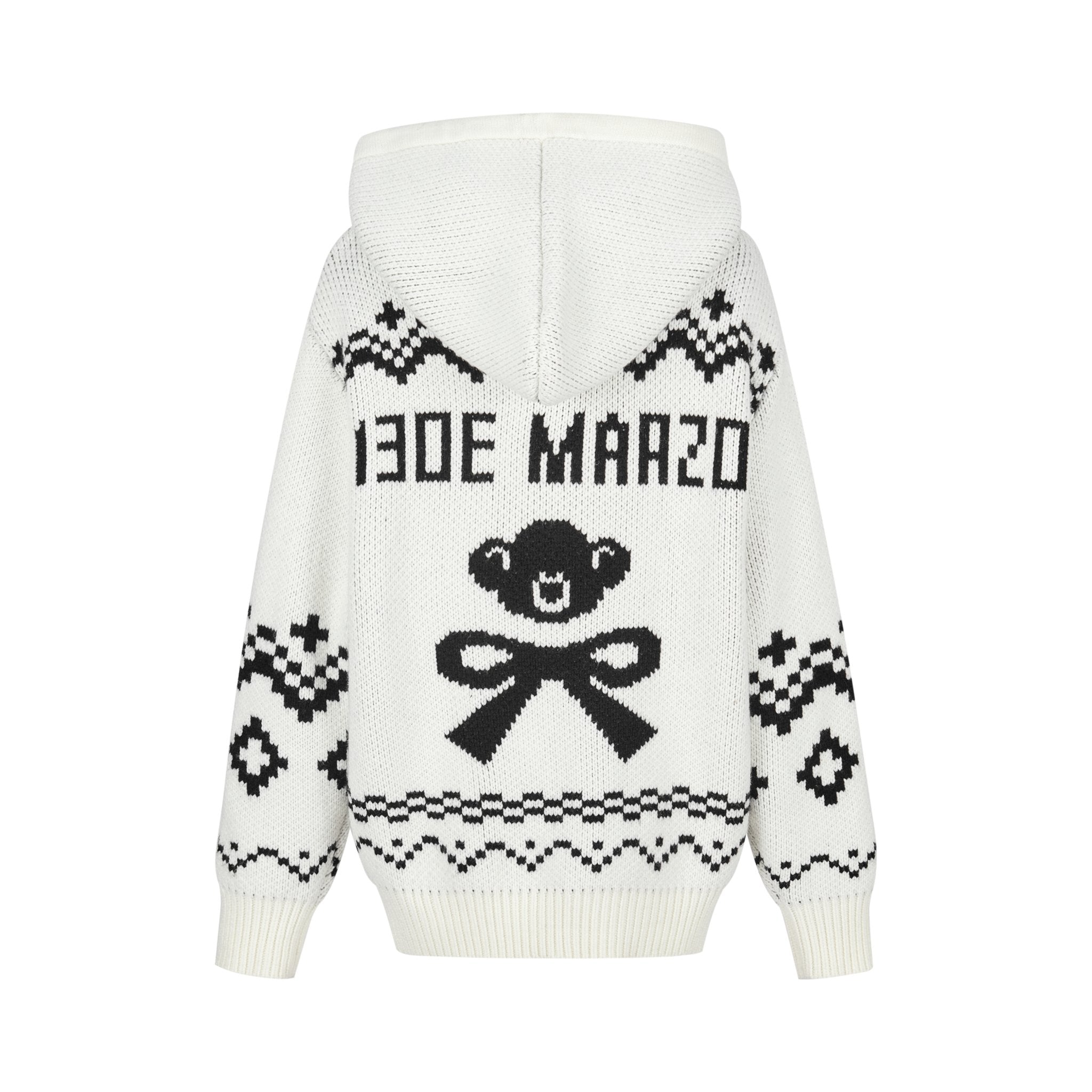 13DE MARZO Fair Isle Bear Zip Knit Hoodie In White | MADAX