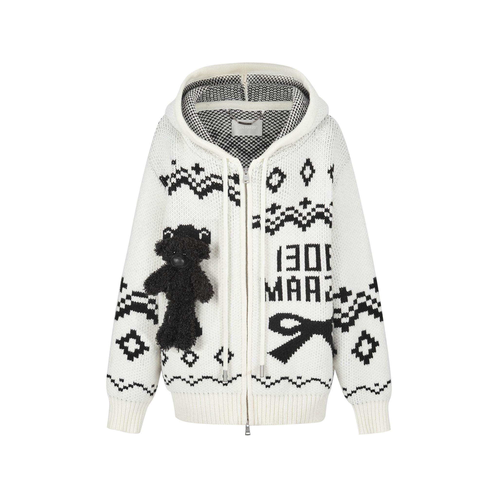 13DE MARZO Fair Isle Bear Zip Knit Hoodie In White | MADAX