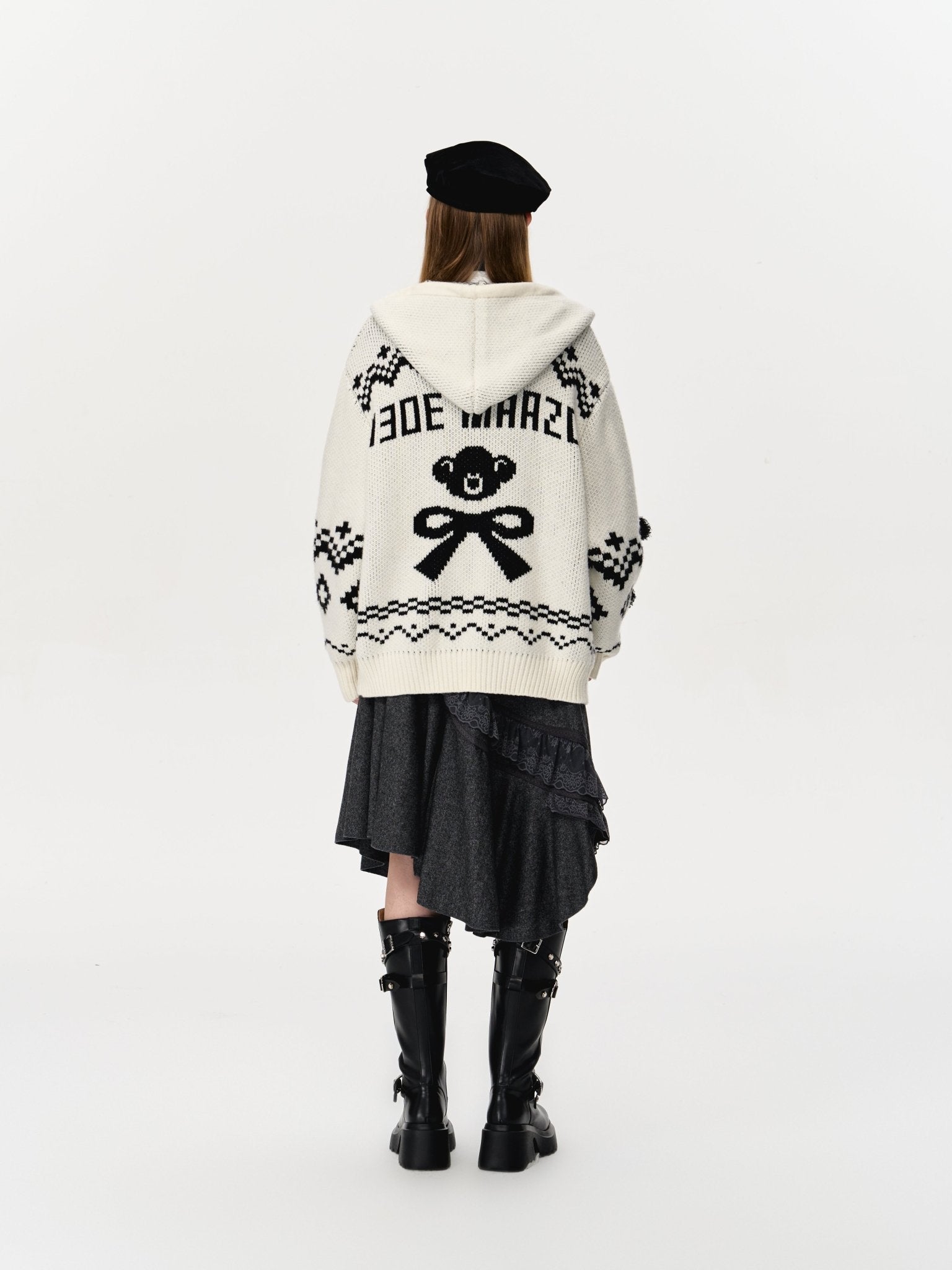 13DE MARZO Fair Isle Bear Zip Knit Hoodie In White | MADAX