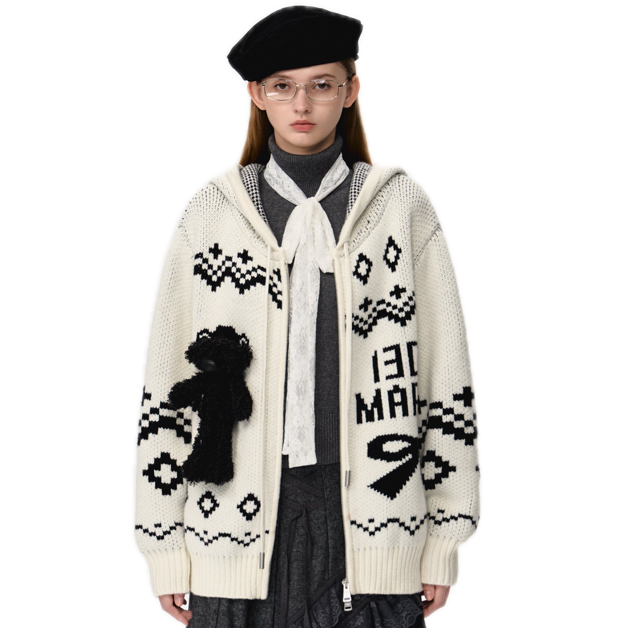 13DE MARZO Fair Isle Bear Zip Knit Hoodie In White | MADAX