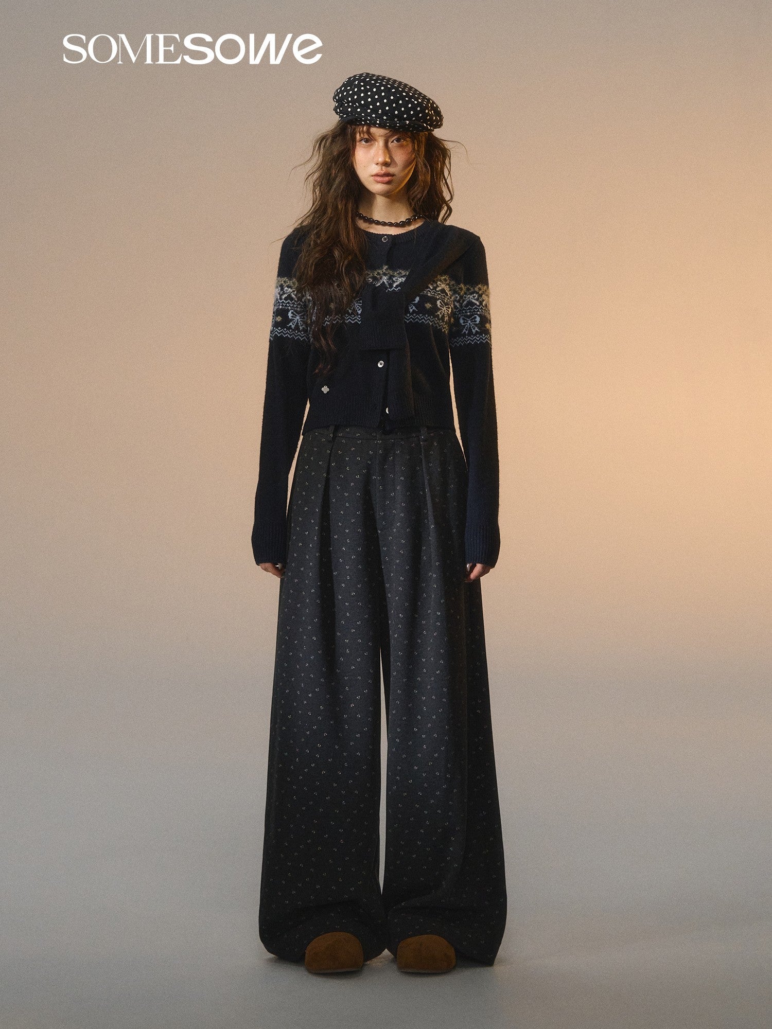 SOMESOWE Fair Isle Bow Fake Two - Piece Sweater In Navy Blue | MADAX