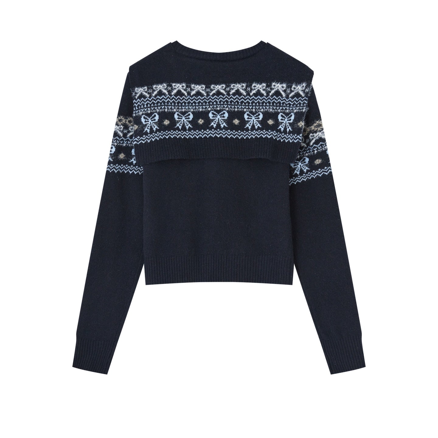 SOMESOWE Fair Isle Bow Fake Two - Piece Sweater In Navy Blue | MADAX
