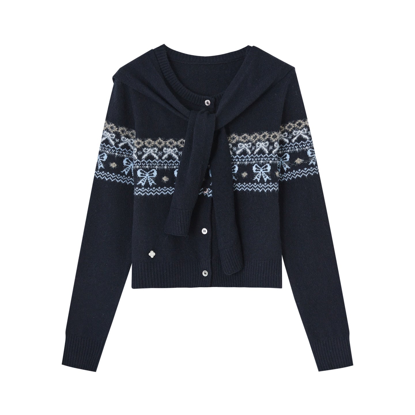 SOMESOWE Fair Isle Bow Fake Two - Piece Sweater In Navy Blue | MADAX