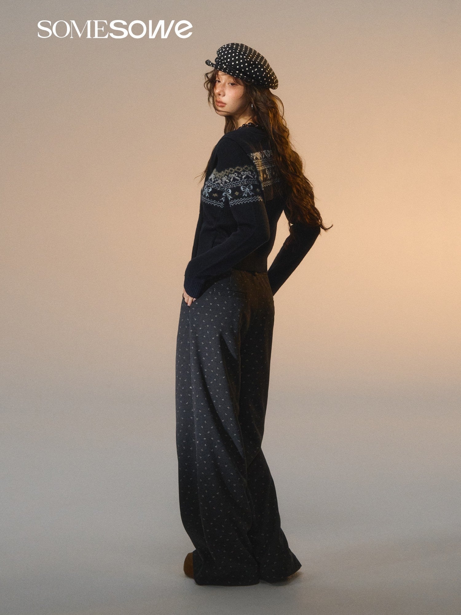 SOMESOWE Fair Isle Bow Fake Two - Piece Sweater In Navy Blue | MADAX