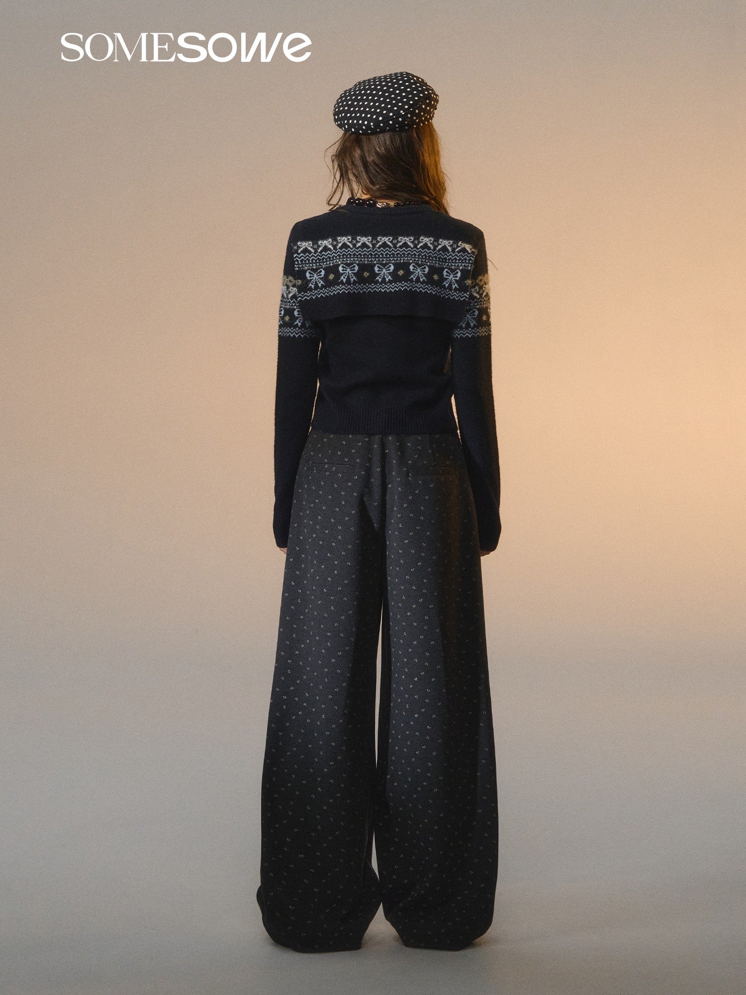 SOMESOWE Fair Isle Bow Fake Two - Piece Sweater In Navy Blue | MADAX