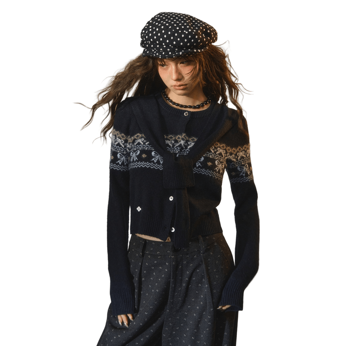 SOMESOWE Fair Isle Bow Fake Two - Piece Sweater In Navy Blue | MADAX