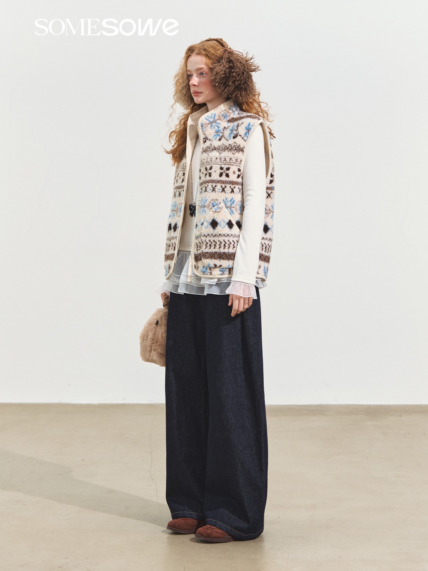 SOMESOWE Fair Isle Jacquard Polar Fleece Vest In White | MADAX