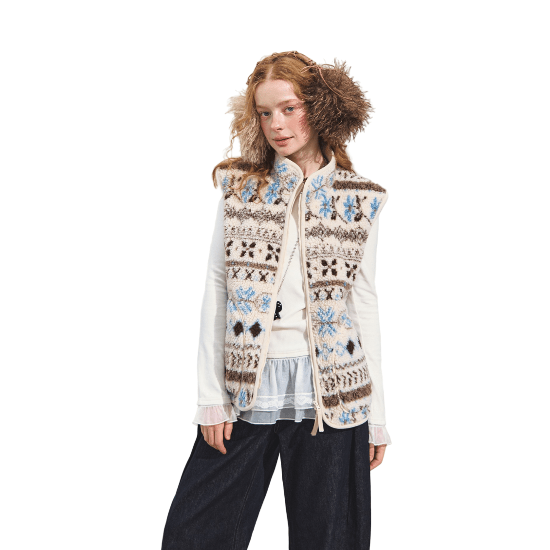 SOMESOWE Fair Isle Jacquard Polar Fleece Vest In White | MADAX