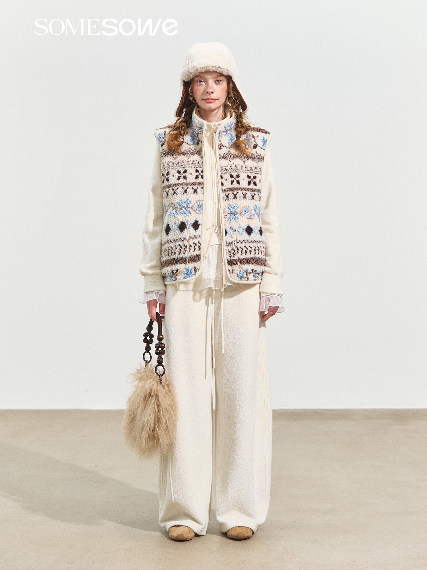 SOMESOWE Fair Isle Jacquard Polar Fleece Vest In White | MADAX