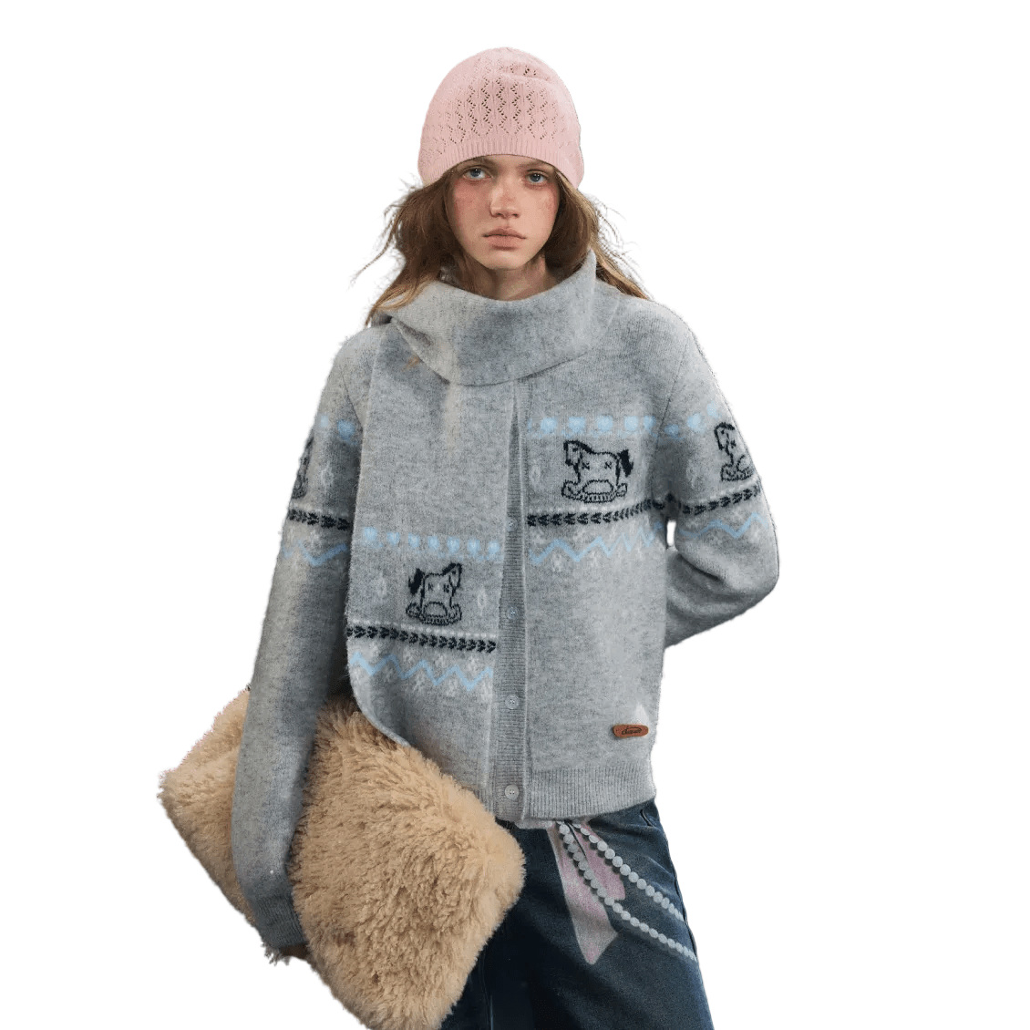 SOMESOWE Fair Isle Scarf Cardigan Two - Piece Set In Grey | MADAX