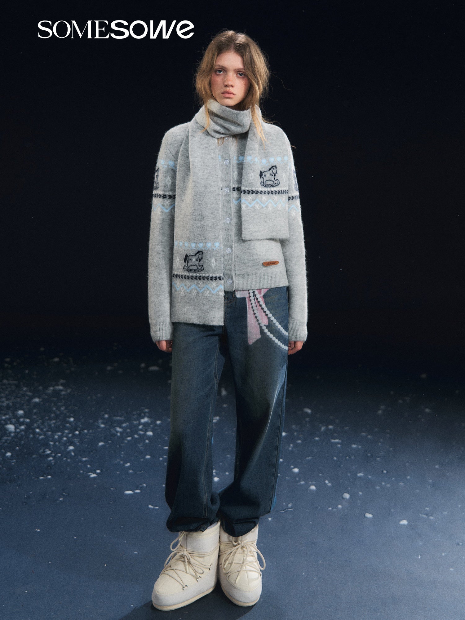 SOMESOWE Fair Isle Scarf Cardigan Two - Piece Set In Grey | MADAX