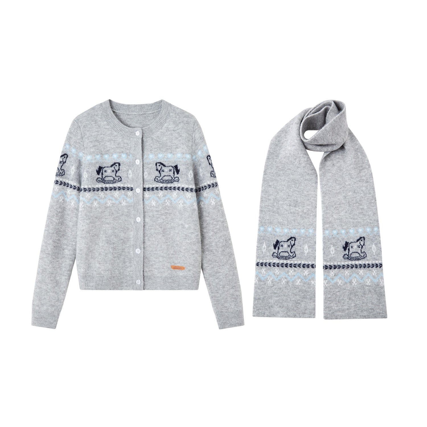 SOMESOWE Fair Isle Scarf Cardigan Two - Piece Set In Grey | MADAX