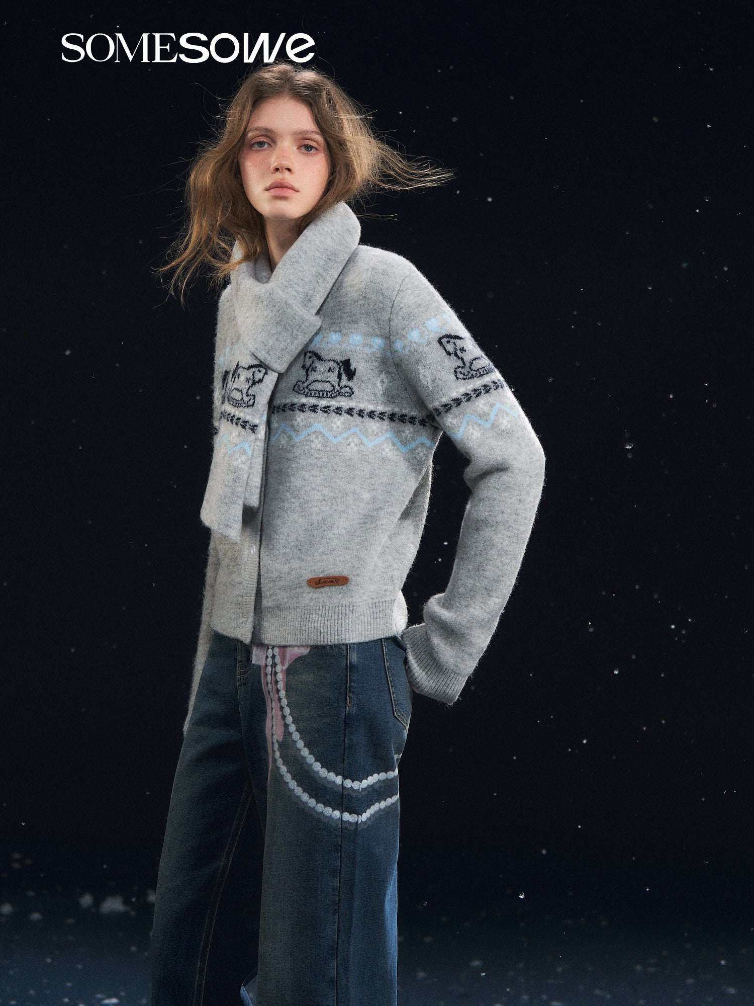 SOMESOWE Fair Isle Scarf Cardigan Two - Piece Set In Grey | MADAX