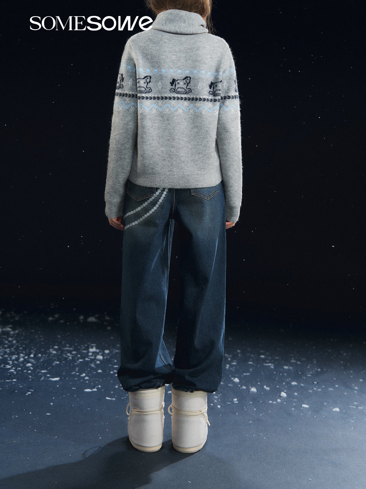 SOMESOWE Fair Isle Scarf Cardigan Two - Piece Set In Grey | MADAX