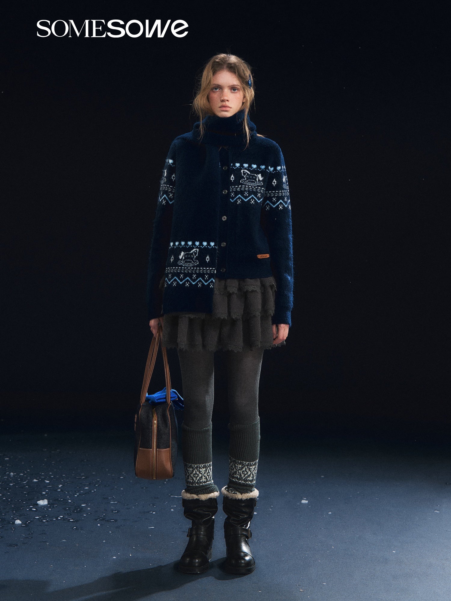 SOMESOWE Fair Isle Scarf Cardigan Two - Piece Set In Navy Blue | MADAX