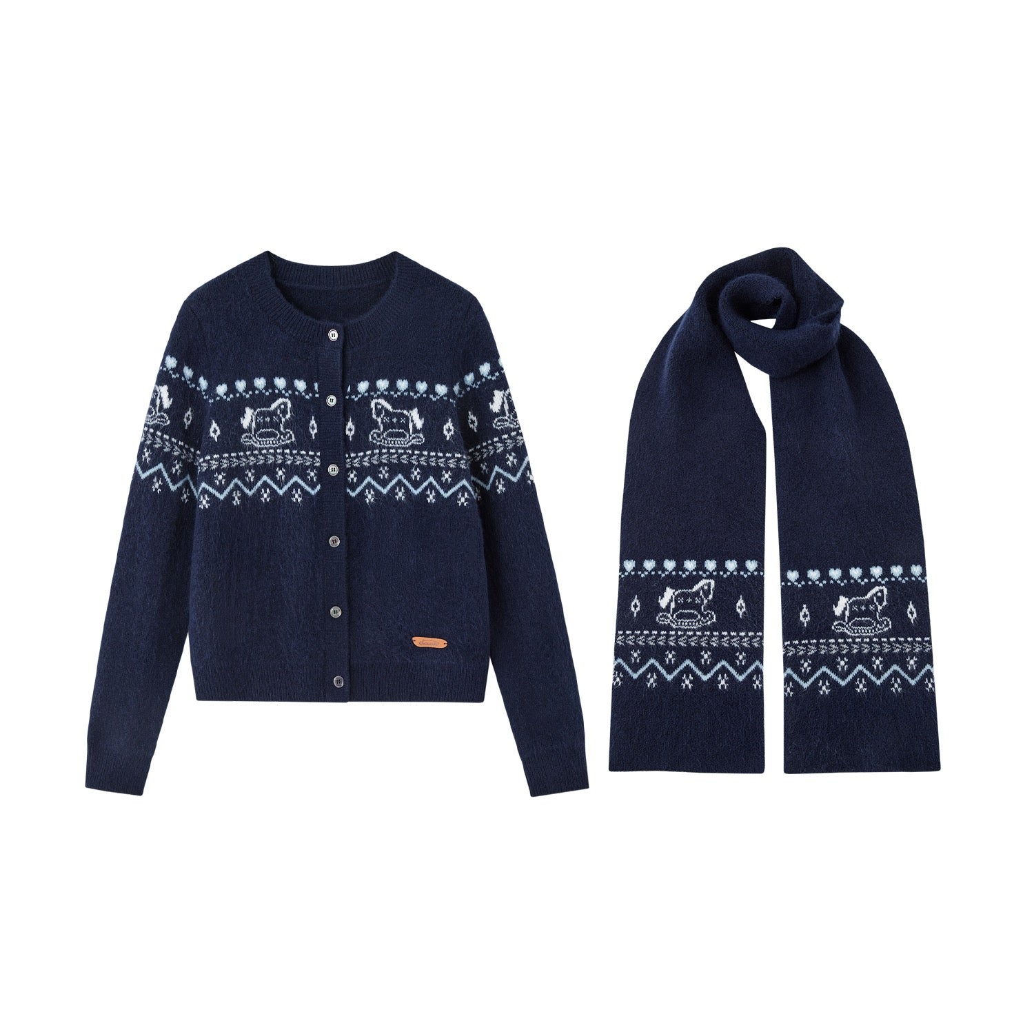 SOMESOWE Fair Isle Scarf Cardigan Two - Piece Set In Navy Blue | MADAX