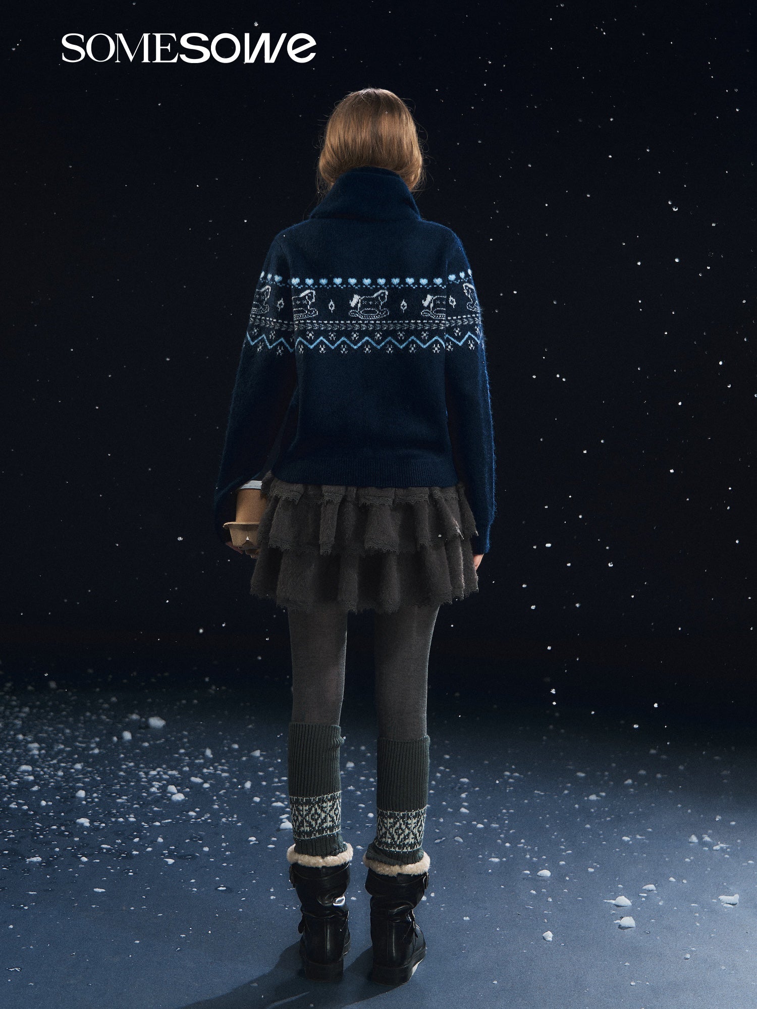 SOMESOWE Fair Isle Scarf Cardigan Two - Piece Set In Navy Blue | MADAX