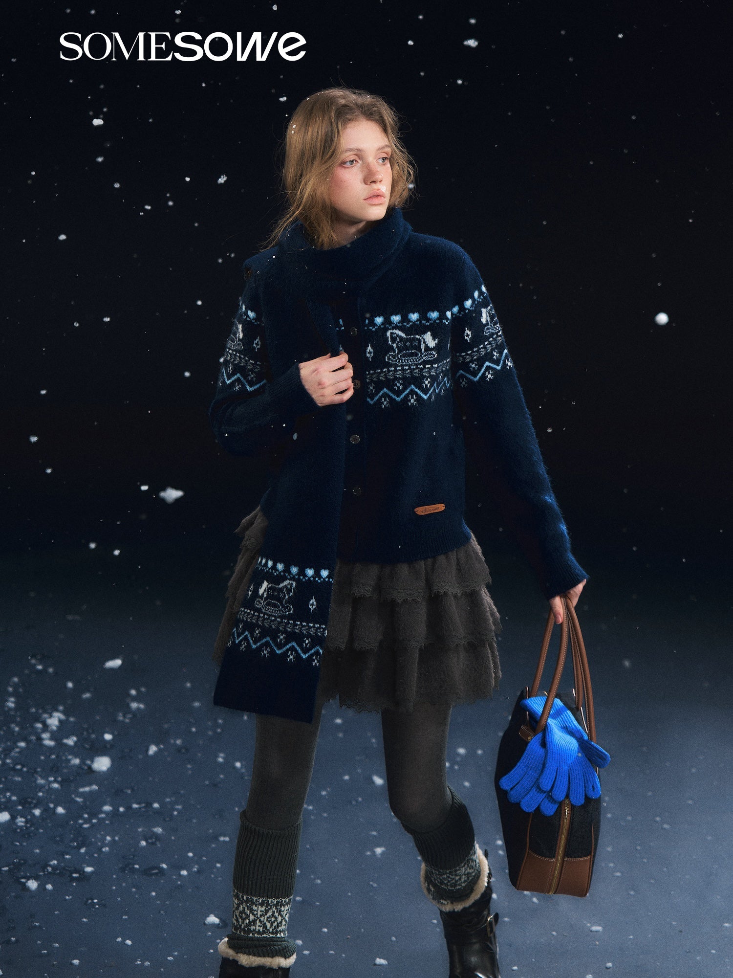 SOMESOWE Fair Isle Scarf Cardigan Two - Piece Set In Navy Blue | MADAX