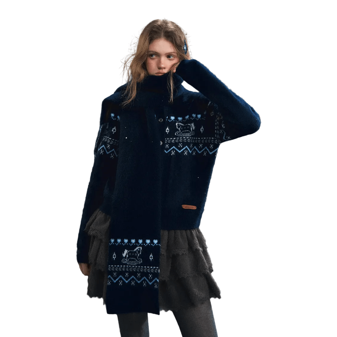 SOMESOWE Fair Isle Scarf Cardigan Two - Piece Set In Navy Blue | MADAX