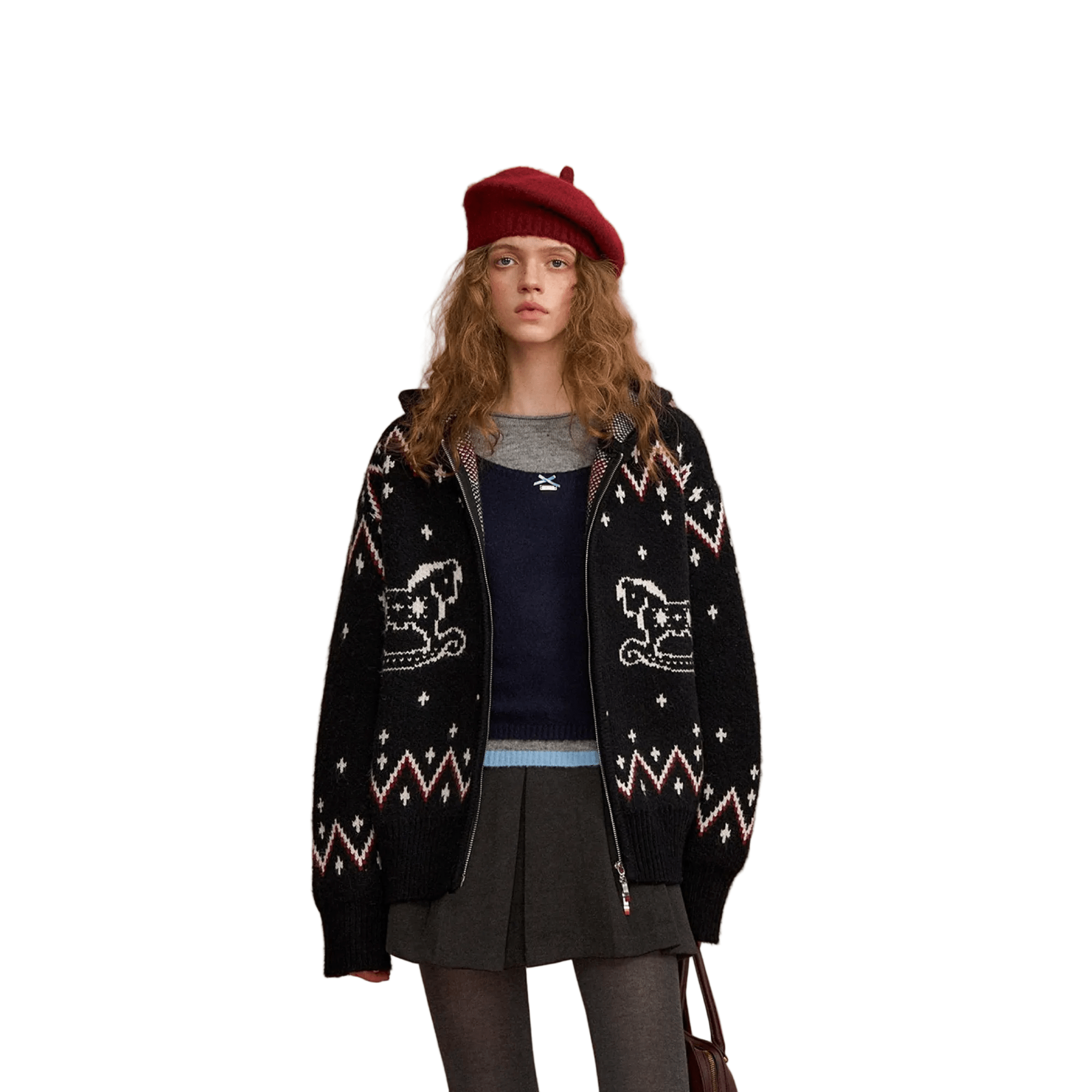 SOMESOWE Fair Isle Trojan Hooded Cardigan In Black | MADAX