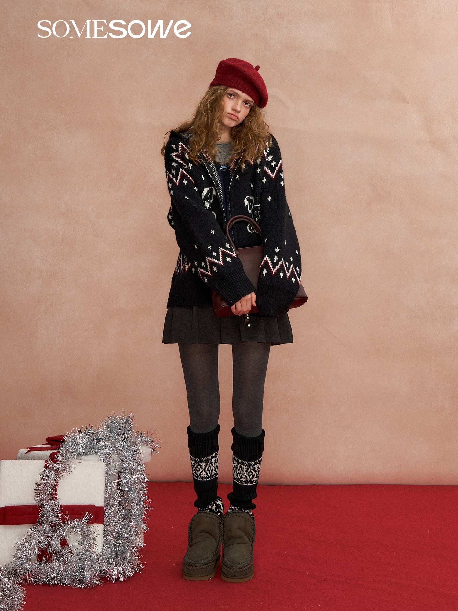 SOMESOWE Fair Isle Trojan Hooded Cardigan In Black | MADAX