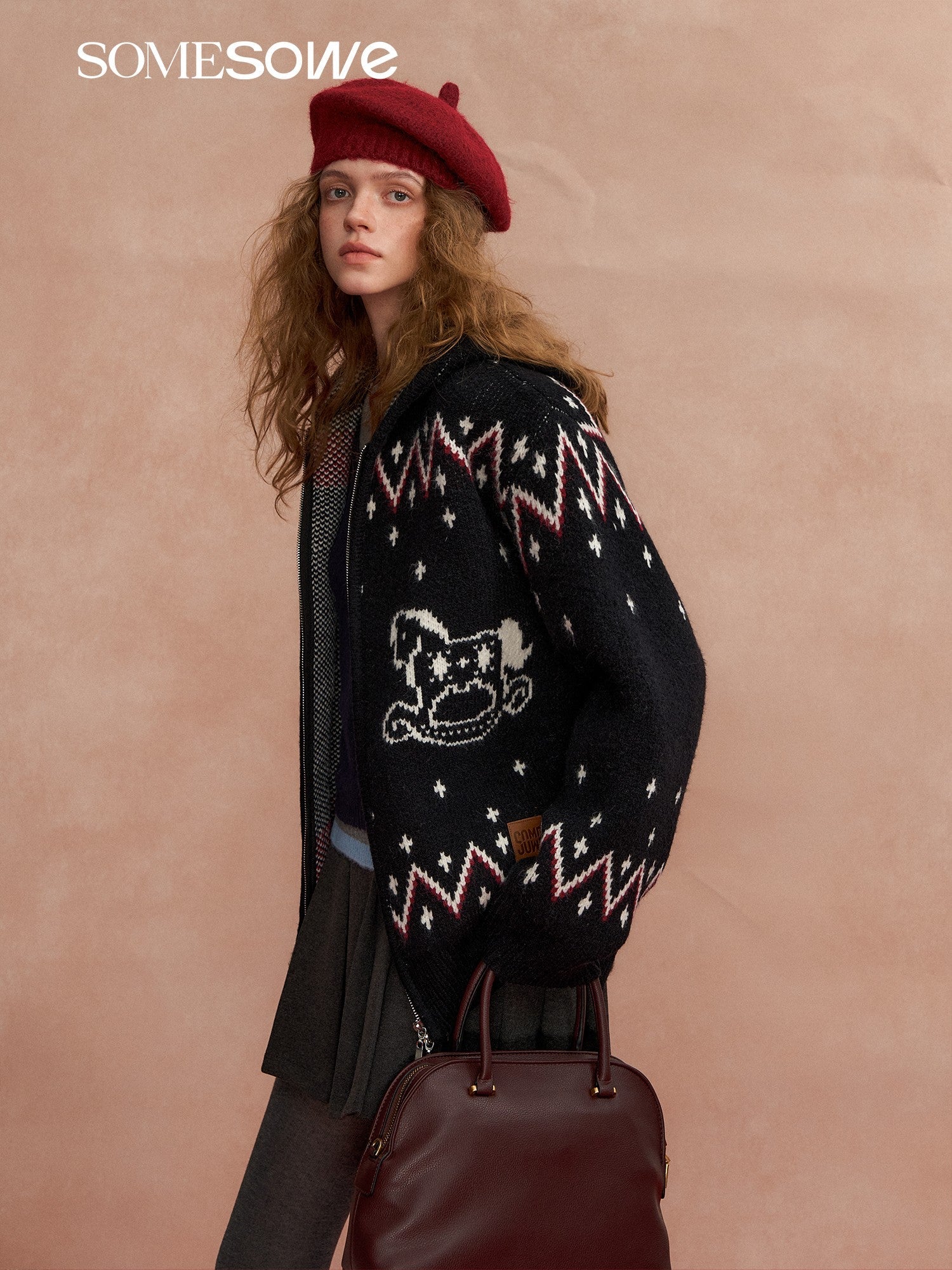 SOMESOWE Fair Isle Trojan Hooded Cardigan In Black | MADAX