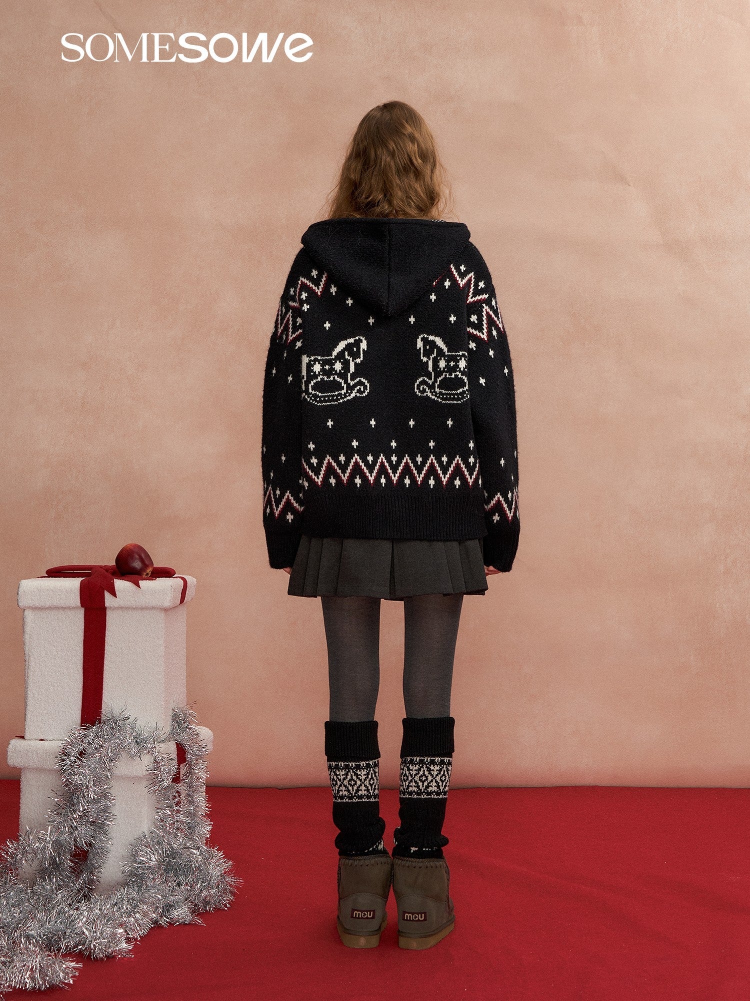SOMESOWE Fair Isle Trojan Hooded Cardigan In Black | MADAX