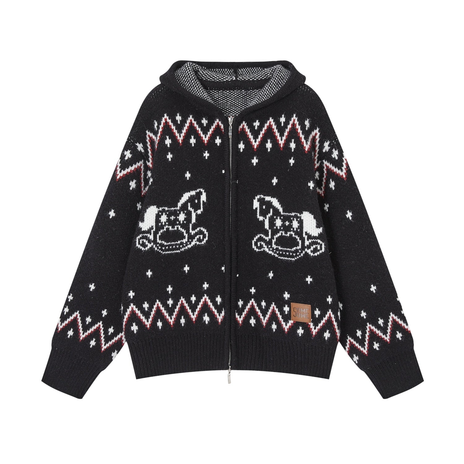 SOMESOWE Fair Isle Trojan Hooded Cardigan In Black | MADAX