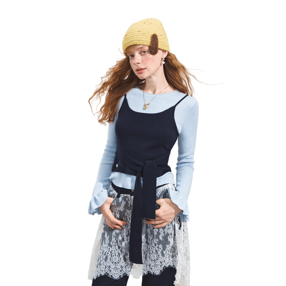 SOMESOWE Fake Two - piece Contrast Color Crew Neck Lace - up Sweater In Blue | MADAX